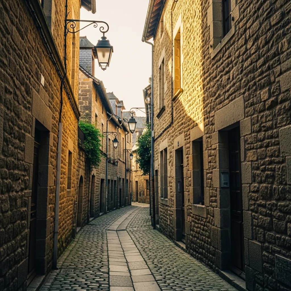 Ruelle pavée du centre médiéval de Mende, façades en pierre dorée et lanternes en fer.