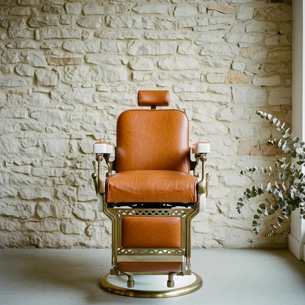Fauteuil de barbier vintage en cuir caramel devant le mur de pierre ivoire du Studio 48.