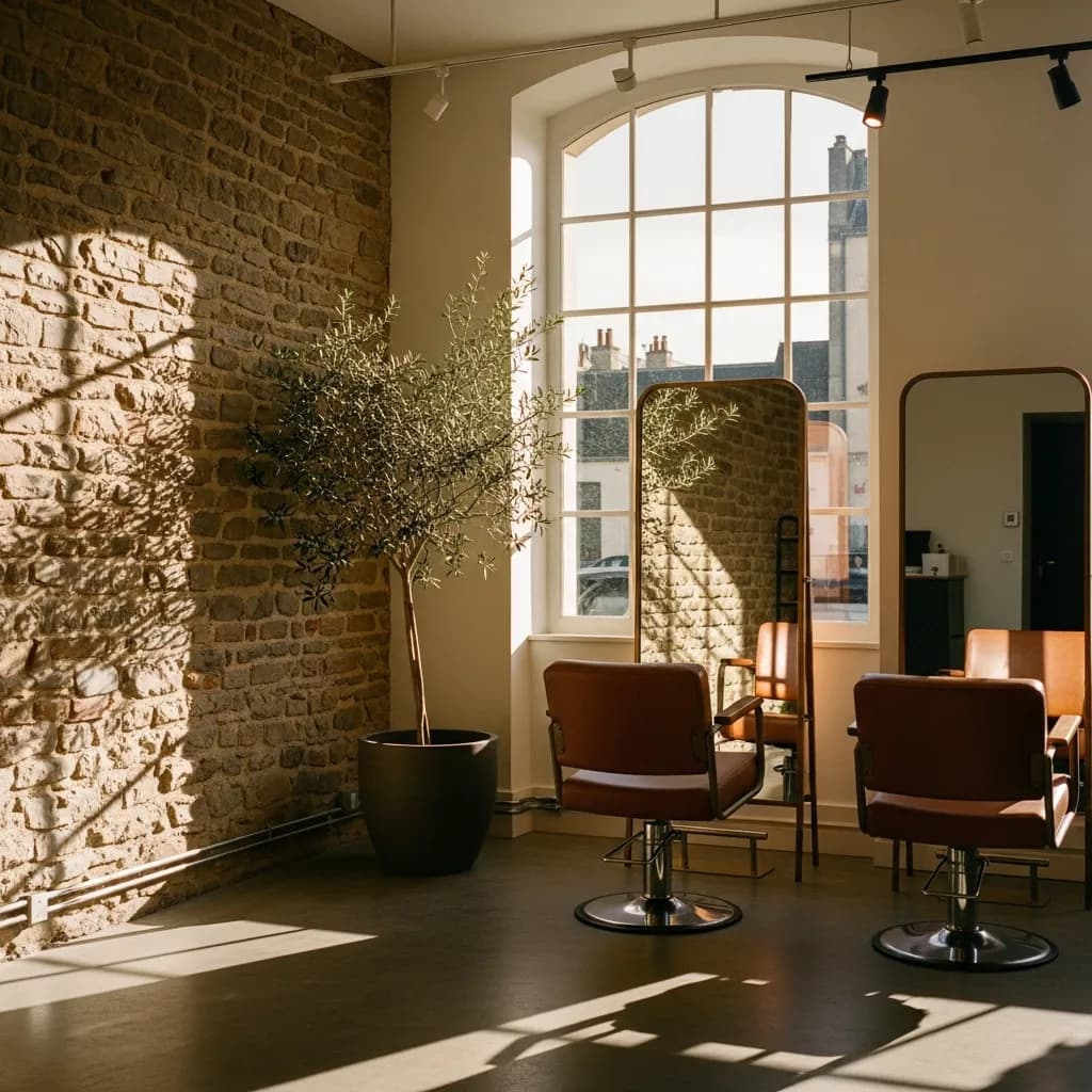 Vue d'ensemble du Studio 48 à Mende, fauteuils caramel, miroirs en laiton, mur en pierre et olivier en pot près de la fenêtre.